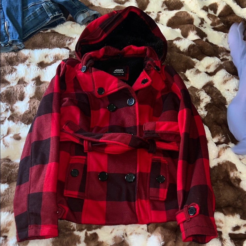 Ashley By 26 International Red and Black Plaid Coat